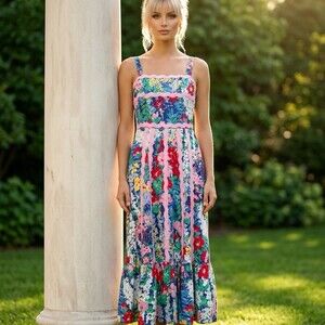 Just Me Midi Dress Womens Small Multicolor Floral Patchwork Smocked NWT